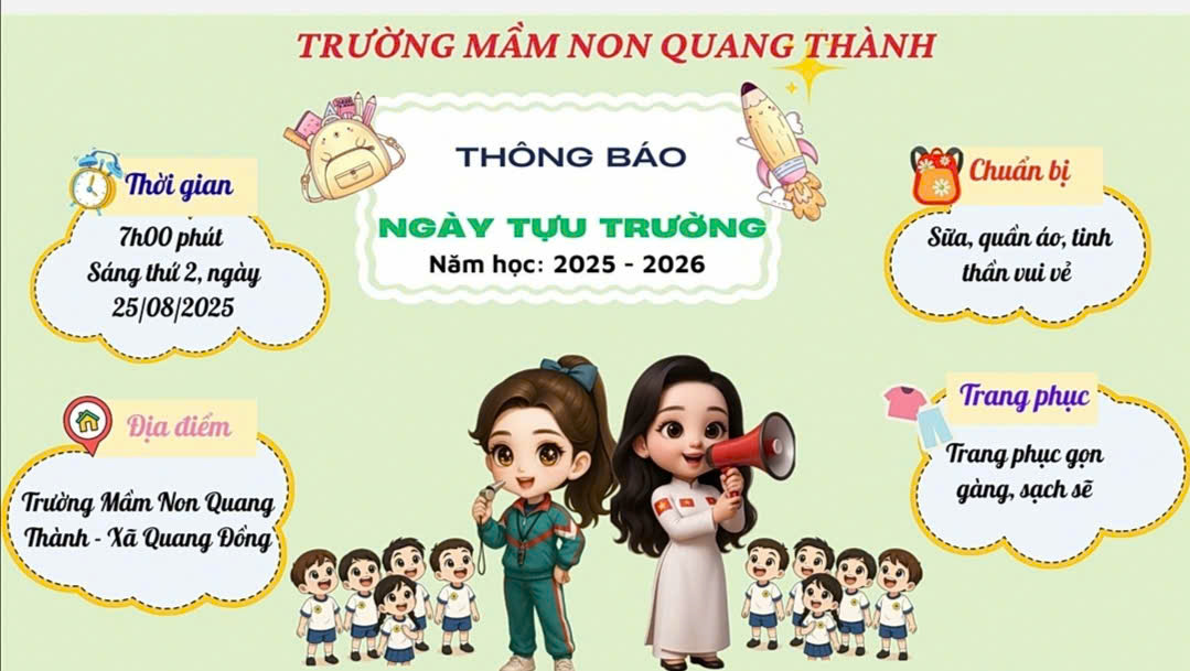 THÔNG BÁO LỊCH TỰU TRƯỜNG MẦM NON QUANG THÀNH  2025-2026